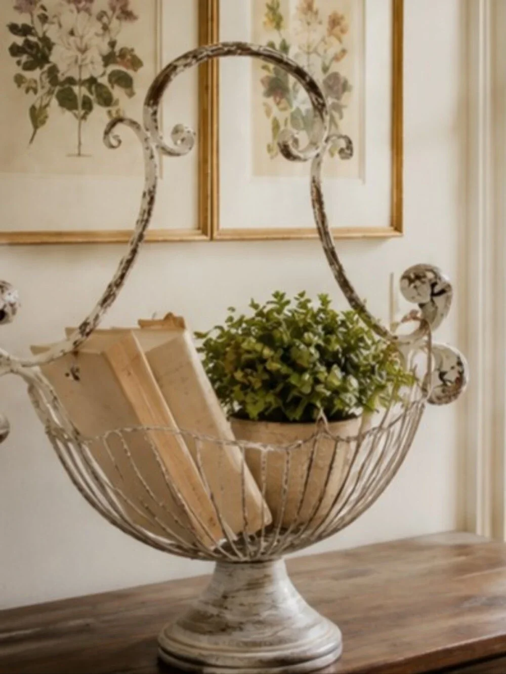 Shabby Chic Style French Metal Wire Basket Chippy Wooden Pedestal Planter